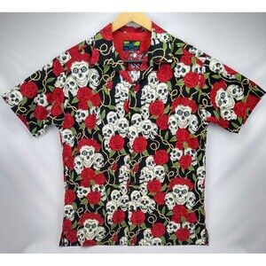 Moon Dog Shirt Co. Skulls and Roses Hawaiian Button Up Shirt Austin Texas XL